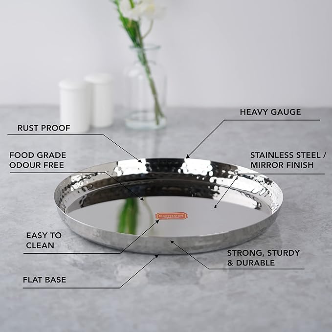 Sumeet Stainless Steel Handcrafted Hammered Texture Heavy Gauge Mirror Finish Royal Dinner Plate set of 2 Pc 29.5cm