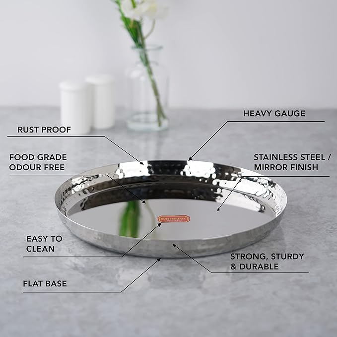 Sumeet Stainless Steel Handcrafted Hammered Texture Heavy Gauge Royal Dinner Plate set of 4 Pc 29.5cm