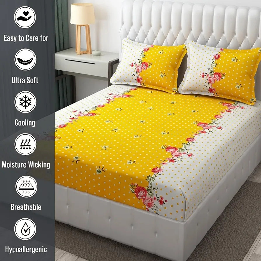 Fresh From Loom Double Bedsheet King Size Microfiber Rotary Printed with 2 Pillow Covers 144 TC Yellow White
