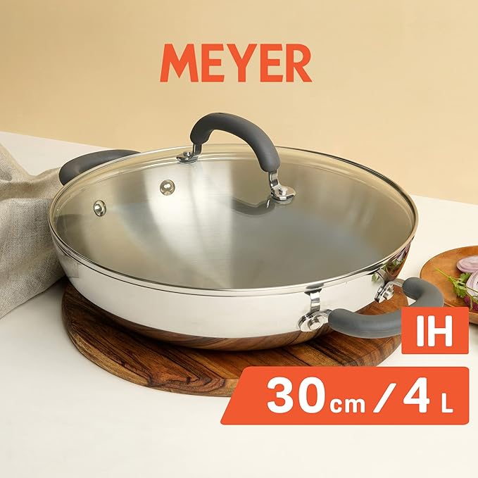 Meyer Trivantage Nickel Free Stainless Steel Triply Kadai with Steel Lid 30cm Silver