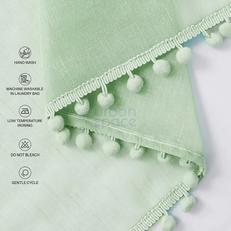 Urban Space Linen Textured Sheer Curtain for Door Room Darkening, Decorative Curtains Hanging Style Set of 2 Curtains Mint Green with pom pom