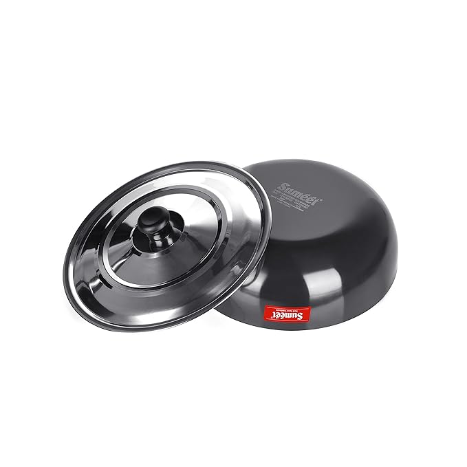Sumeet 3mm Hard Anodized Deep Tasla with Stainless Steel Lid Size No 12 (22.5 cm 2.3Liter)