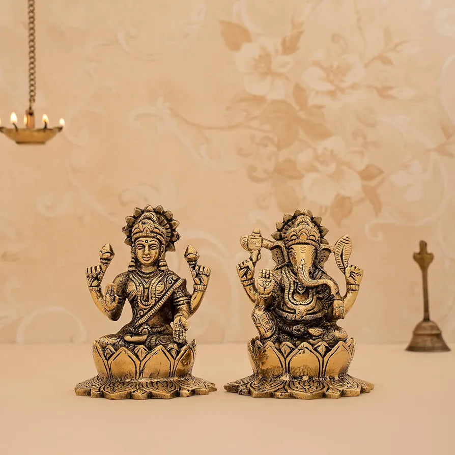 DecorTwist® Brass Ganesh Lakshmi Idol for Home Puja Ganpati Statue for Home Decor Lakshmi Ganesh Murti Idols and Figurines Brass Pooja Gift Items Decorative Showpiece Height 5.3 13.5Inch