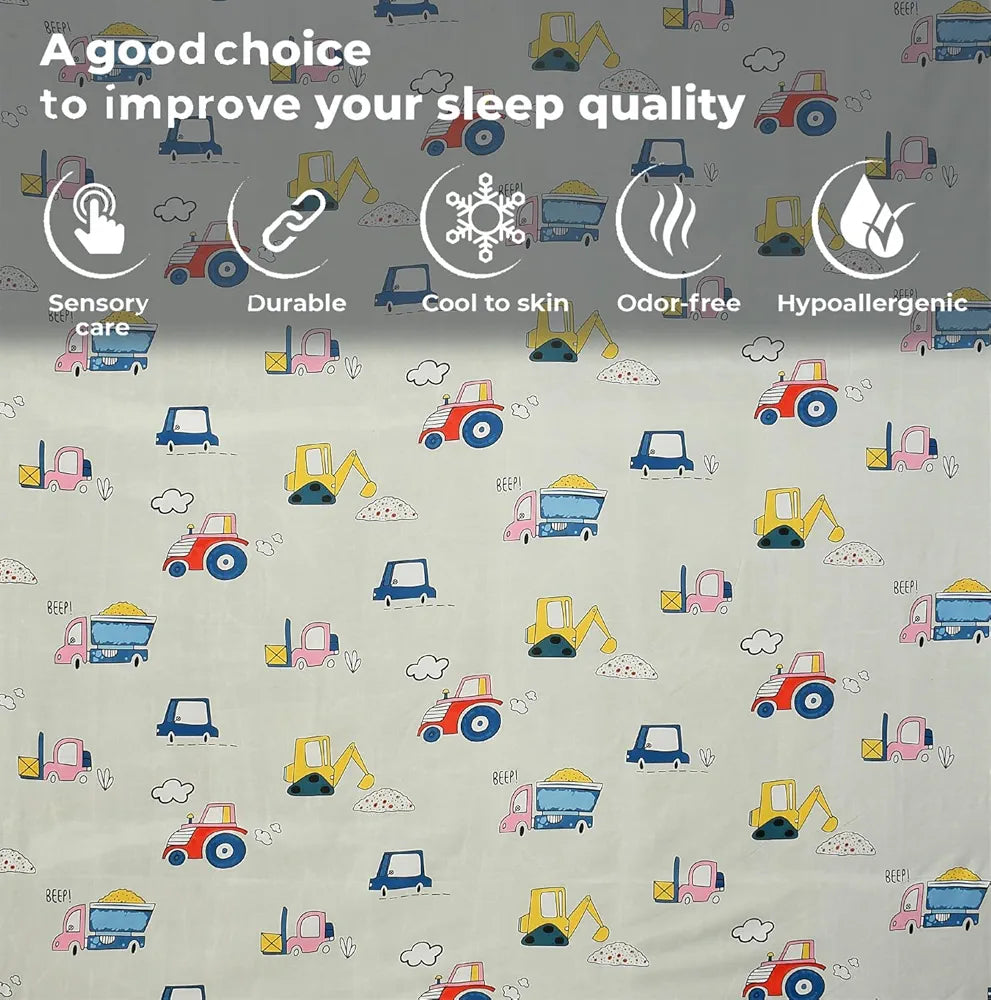 Fresh From Loom Elastic Fitted Bed Sheet with 2 Pillow Cover Cartoon Printed Cream Double Bed 300 TC Cream