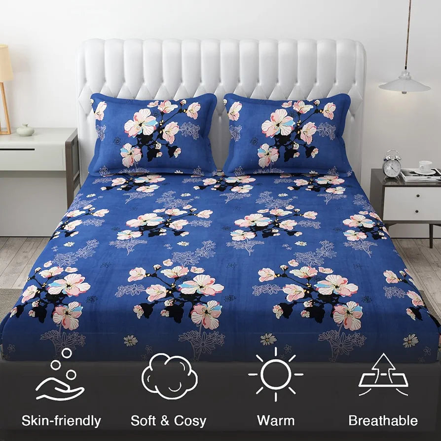 Fresh From Loom Rotary Printed King Size Double Bedsheet Bed Sheets With 2 Pillow Covers 144 TC Blue Denim