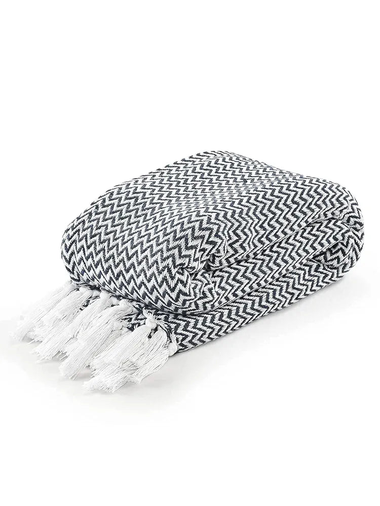 Chevron Throw Blanket Handwoven with Fringes Colour Navy