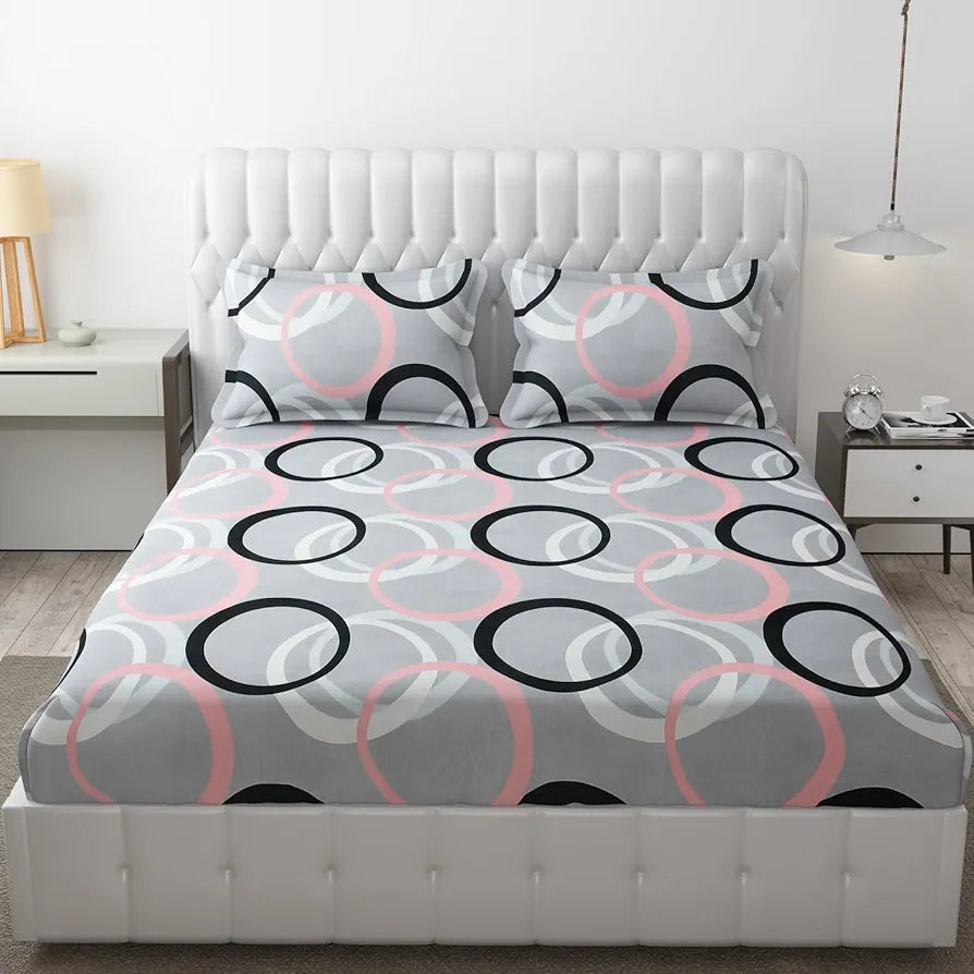 Fresh From Loom King Bedsheet for Double Bed Floral Design Bed Spread with 2 Pillow Covers 144 TC Circle Grey