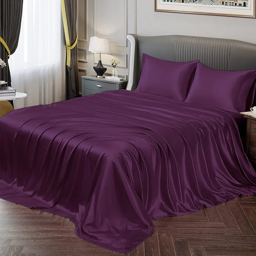 Cloth Fusion Satin Bedsheet for Queen Size Bed Set of 1 Satin Sheet 2 Pillow Covers Wine