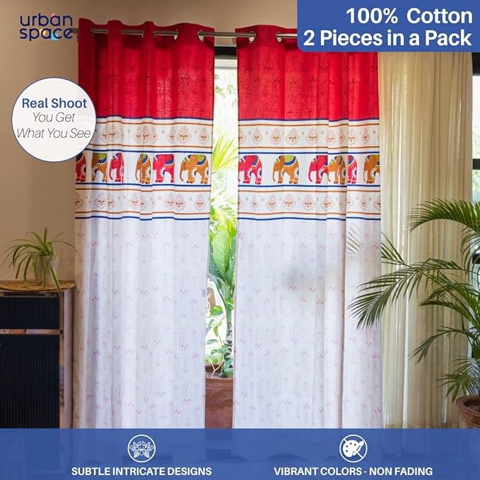 Urban Space Cotton Printed Semi Sheer Curtains For Door Set Of 2 With Eyelets And Tieback (Colour Panel Elephants Red)