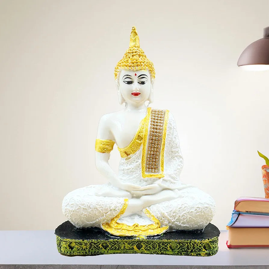 Jaipur Ace Meditating Buddha Polyresin Idol Showpiece White Gold Buddha