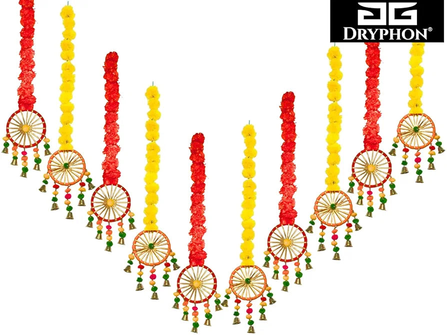 Artificial Marigold Flowers for Decoration with Pom Pom Ring Bell Hanging Yellow Orange