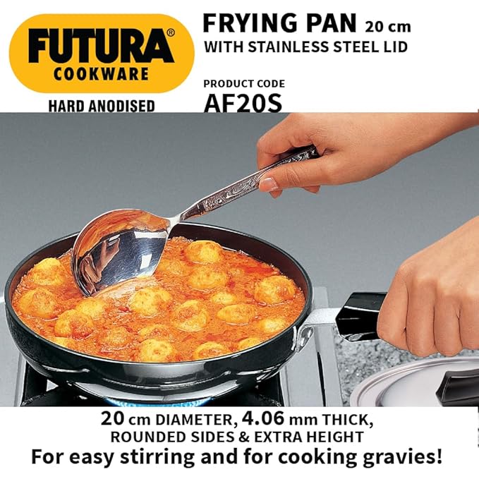 Hawkins Futura 20 cm Frying Pan Hard Anodised Fry Pan with Stainless Steel Lid Small Frying Pan Black