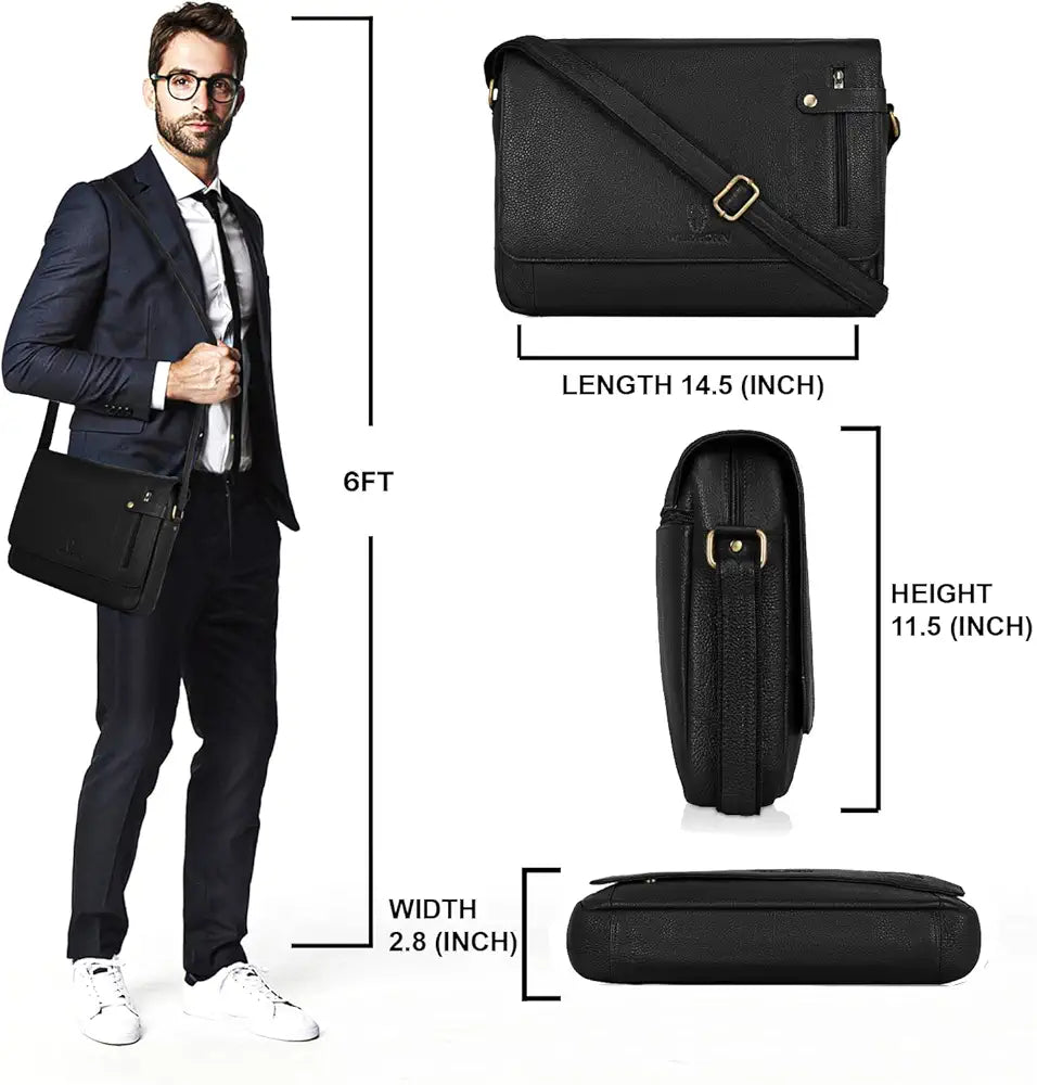 WildHorn Leather Messenger Bag for Men/Office Bag for Men I Padded Laptop Compartment with Adjustable Strap I DIMENSION : L-15 inch W-3 inch H-12 inch