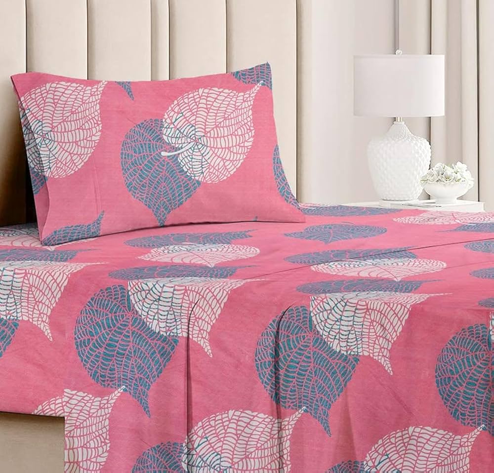 BSB Home Premium Forever Modern Style Glace Cotton Floral Pattern 1 Single Size Bed bedsheet and 1 Pillow Cover Light Pink & Grey