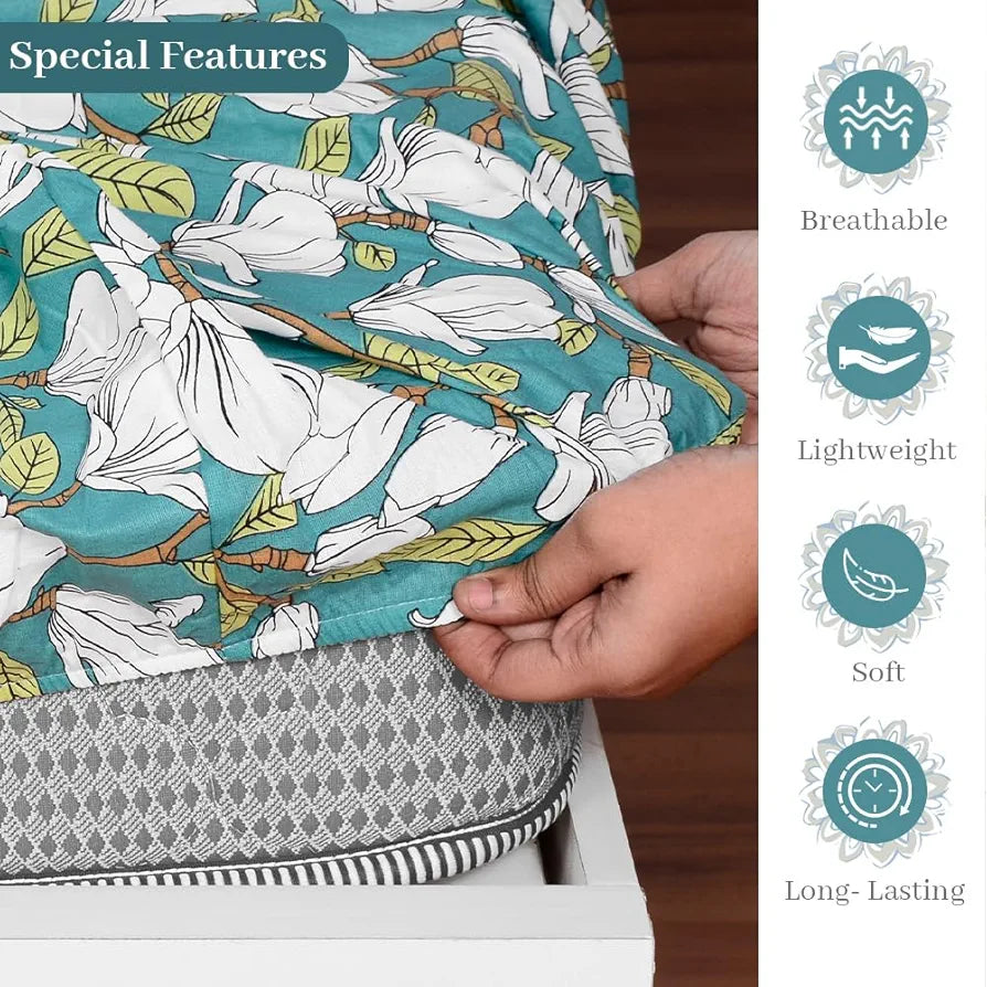 Divine Casa 144 TC Cotton Floral Print Queen Size Fitted Bedsheet with 2 Pillow Covers Elastic & Comfortable Bedding Colour Aspen Green