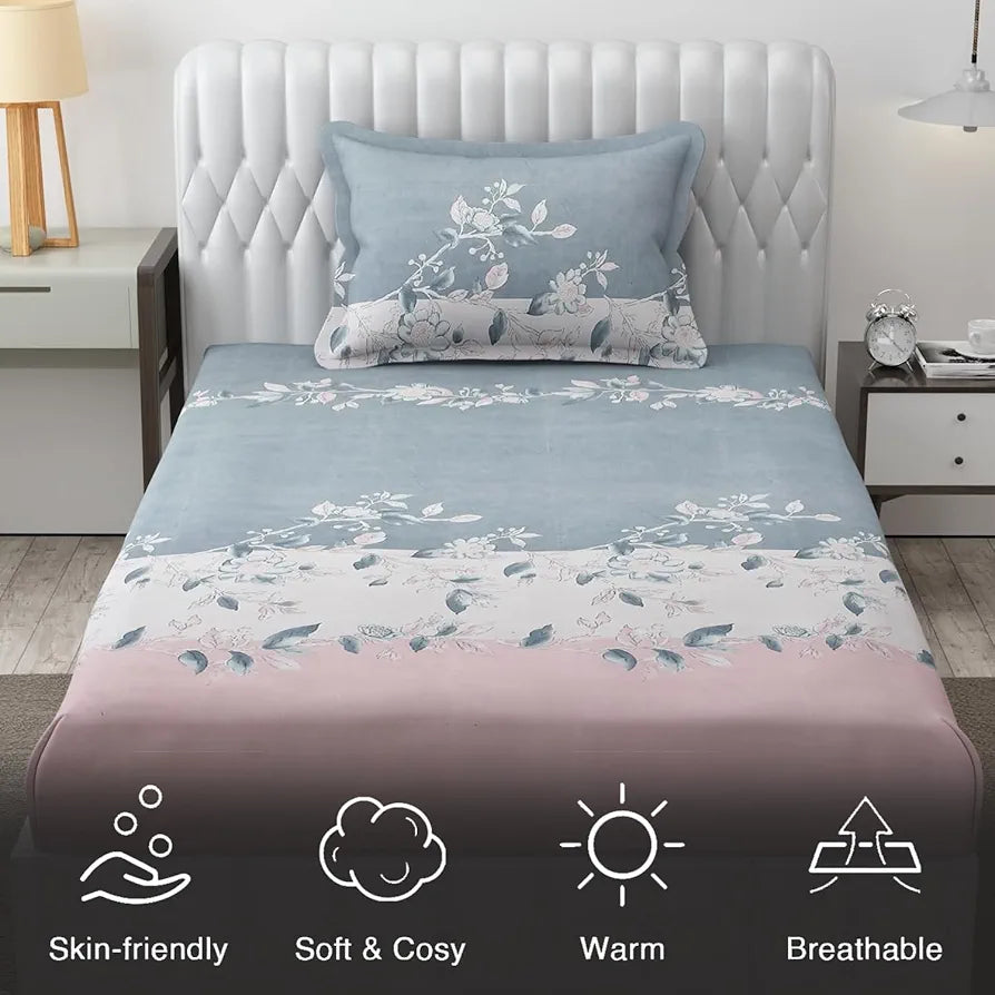 Fresh From Loom Microfiber Single Bedsheet For Single Bed Hypo-Allergenic Floral Design Bed Spread 1 Pillow Covers Included 144 TC Walnut Grey