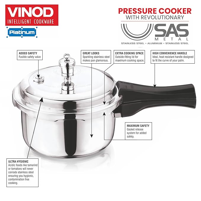 Vinod Platinum Triply Stainless Steel Outer Lid Pressure Cooker - 1. 5 Litres | Induction and Gas Stove Friendly | Silver