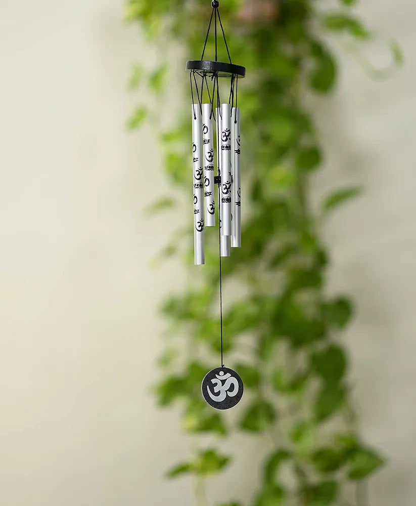 Tej Gifts Feng Shui Metal Wind Chime with Om Printed 5 Pipes for Positive Energy Silver Small