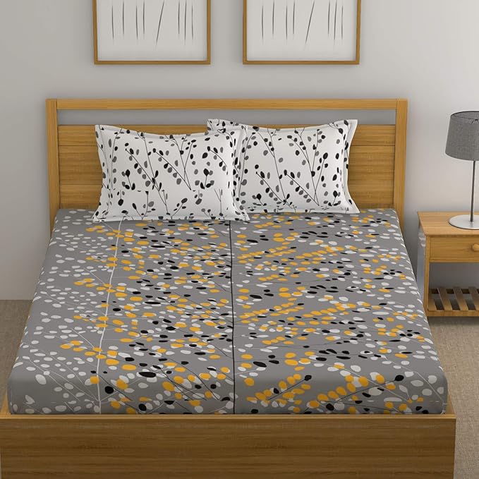 Huesland by Ahmedabad Cotton 144 TC Cotton King Bedsheet with 2 Pillow Covers - Grey and White