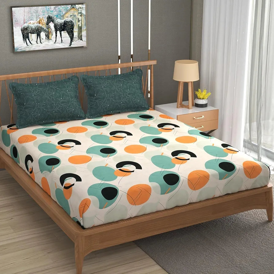 Fresh From Loom Double Bed King Size Bedsheet 240 TC Anti Fade Printed Bed Cover with 2 Pillow Cover Oval Seegreen