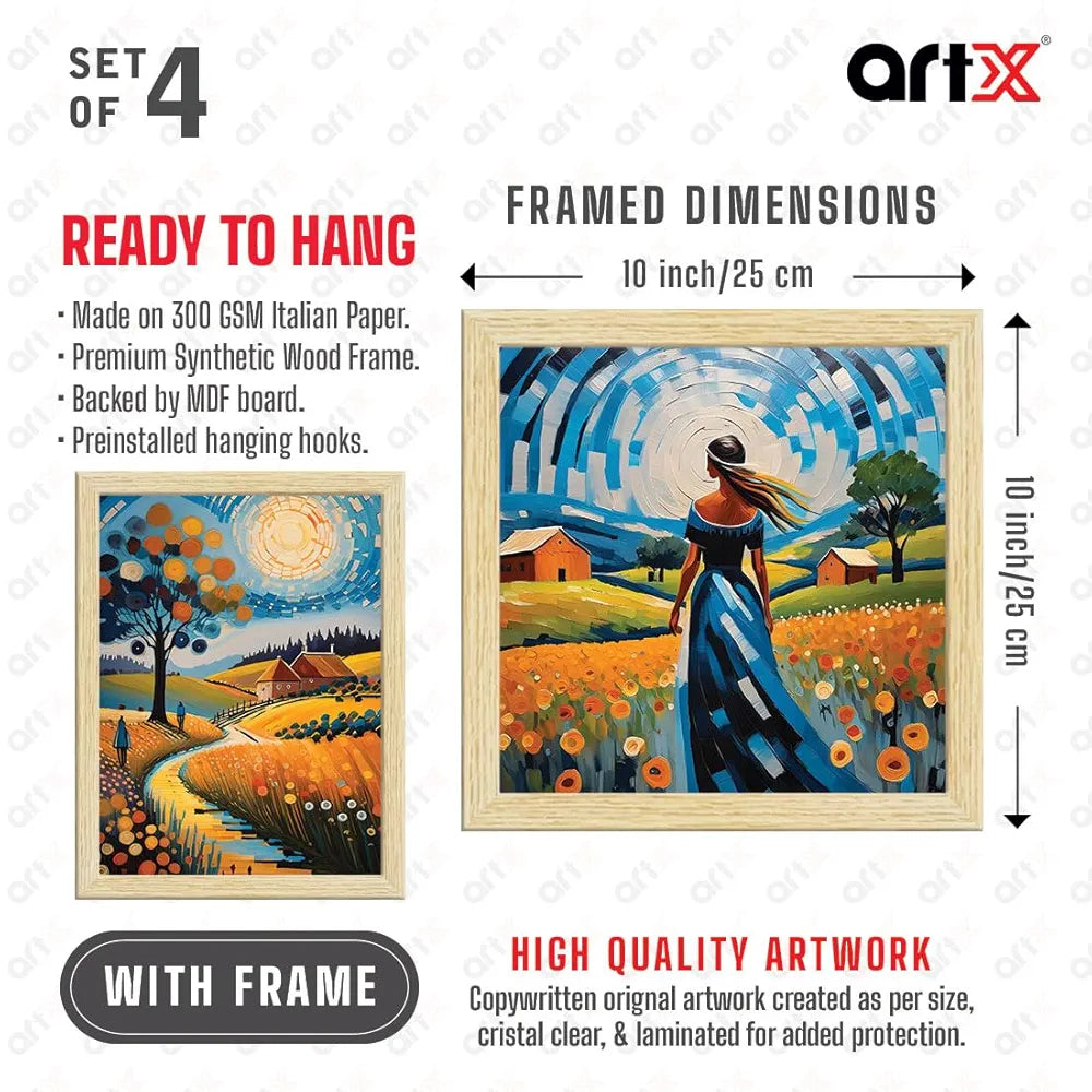 ArtX Paper Bohemian Village Sunrise Art Paintings with Frame Set of 4