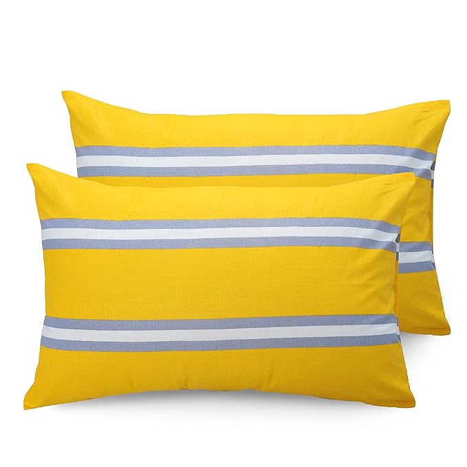 Huesland by Ahmedabad Cotton 144 TC Cotton Bedsheets for King Size Bed with 2 Pillow Covers | Flamingos & Stripes Yellow & Grey