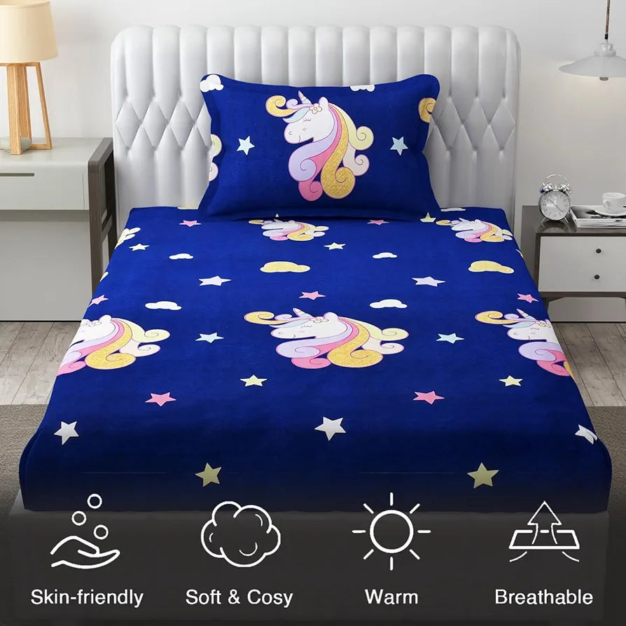Fresh From Loom Glace Cotton Bed Sheet Cartoon Printed Single Bedsheet Size for Kids with 2 Pillow Cover 144 TC Dinosaur Blue