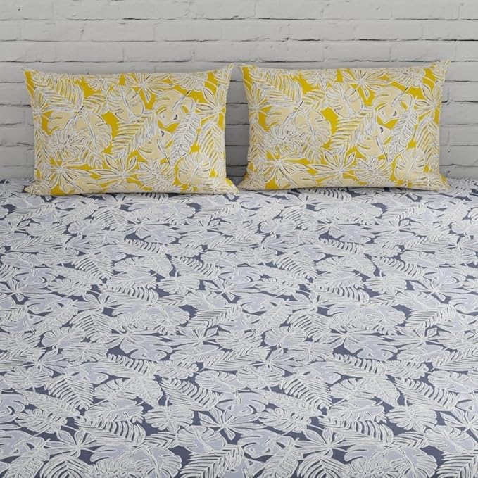 Huesland by Ahmedabad Cotton 144 TC Bedsheet for King Size Bed with 2 Pillow Covers | Grey & Yellow
