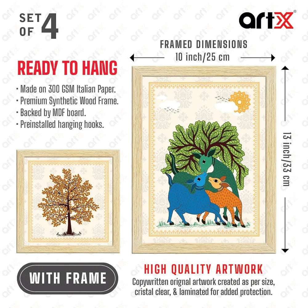 ArtX Paper Gond Art Paintings with Frame Gond-SO4-01 Set of 4