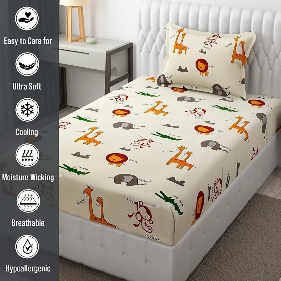 Fresh From Loom Glace Cotton Wrinkle Free Soft Hypoallergenic Bed Sheet Cartoon Printed Single Bedsheet Bedsheet with 1 Pillow Cover 144 TC Multi-Color 2