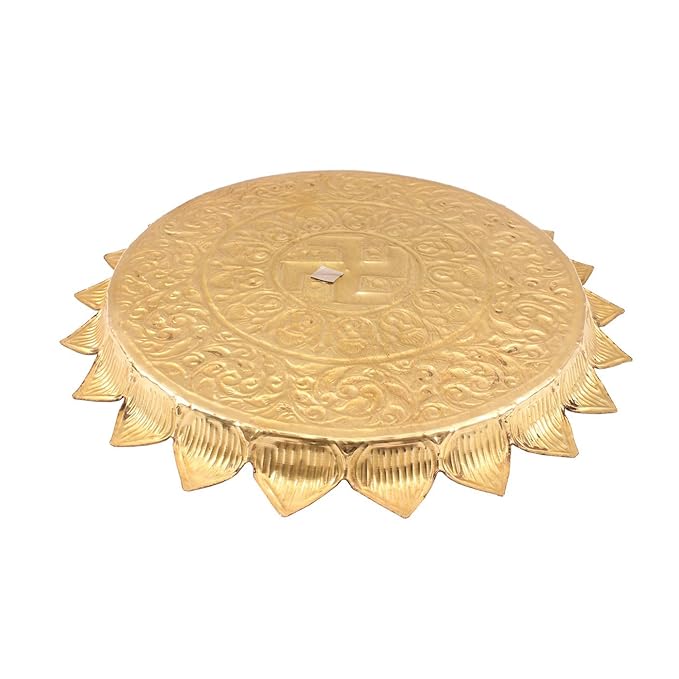 Indian Art Villa Pure Brass Pooja Decorative Thali Plate With Sathiya Floral Embossed Leaf Edge Design Diameter|13.2
