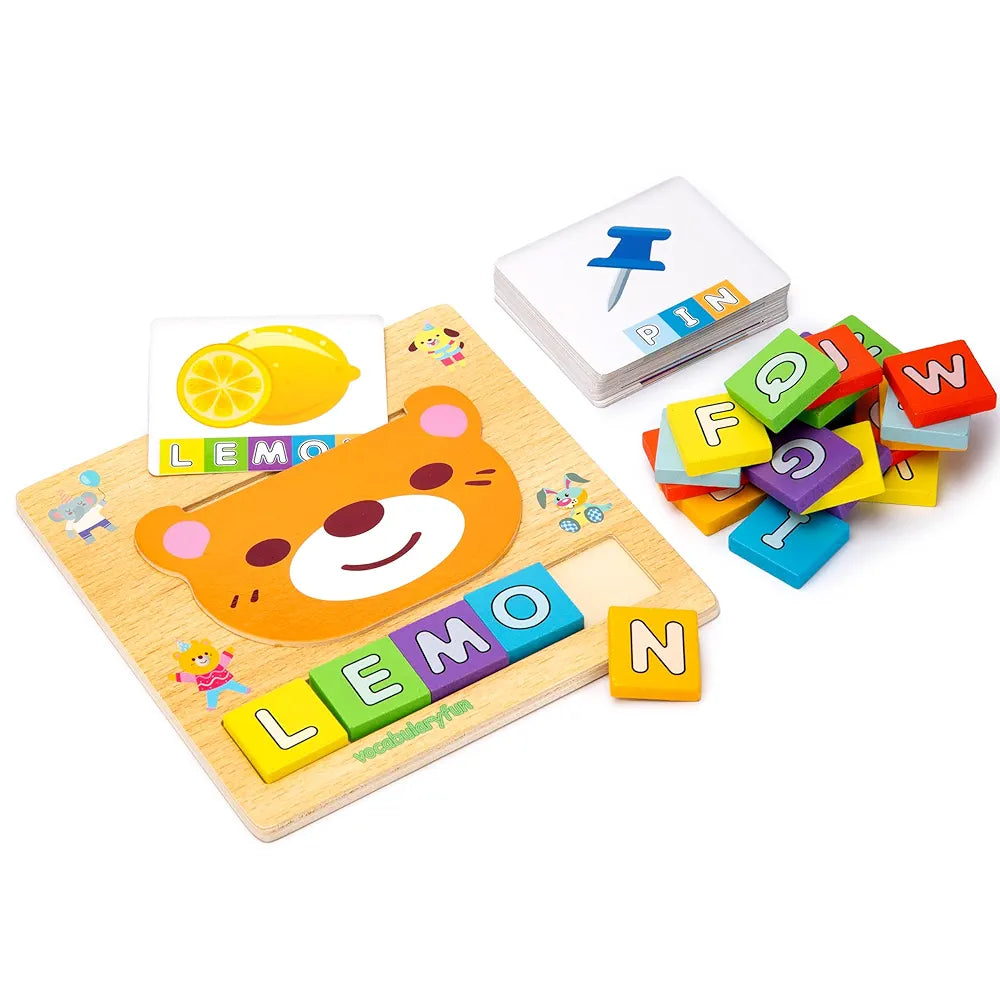 KIDS KINDLY Wooden 2 in 1 Spelling Puzzle Game for Kids Age 3+, Alphabet Learning Toy with Word Cards, Vocabulary Building and Matching Activity, Wooden Educational Games for 3 to 5 Years Boys & Girls