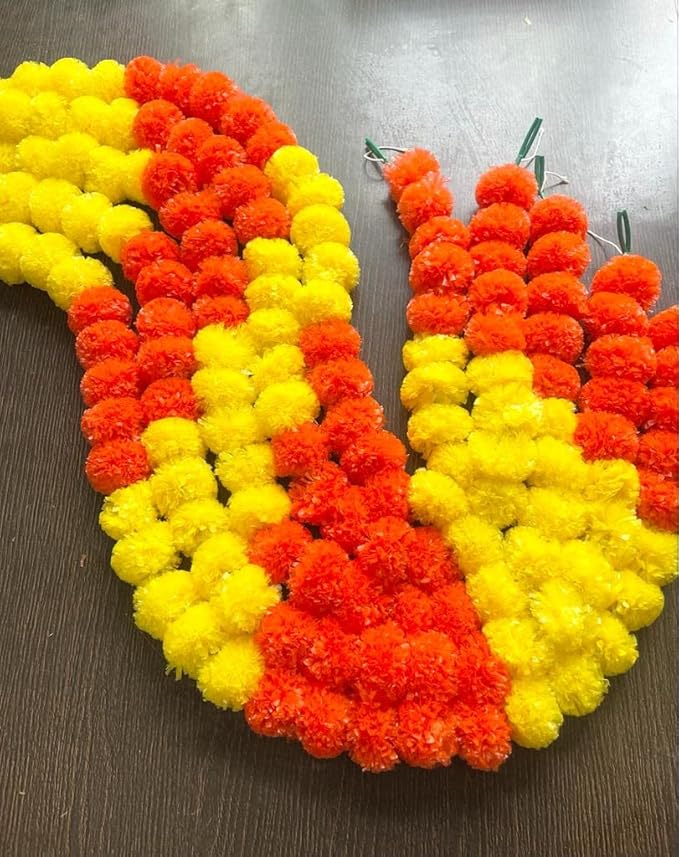 Artificial Marigold Fluffy Flowers Garlands Pack of 5 Yellow and Dark Orange Patterned