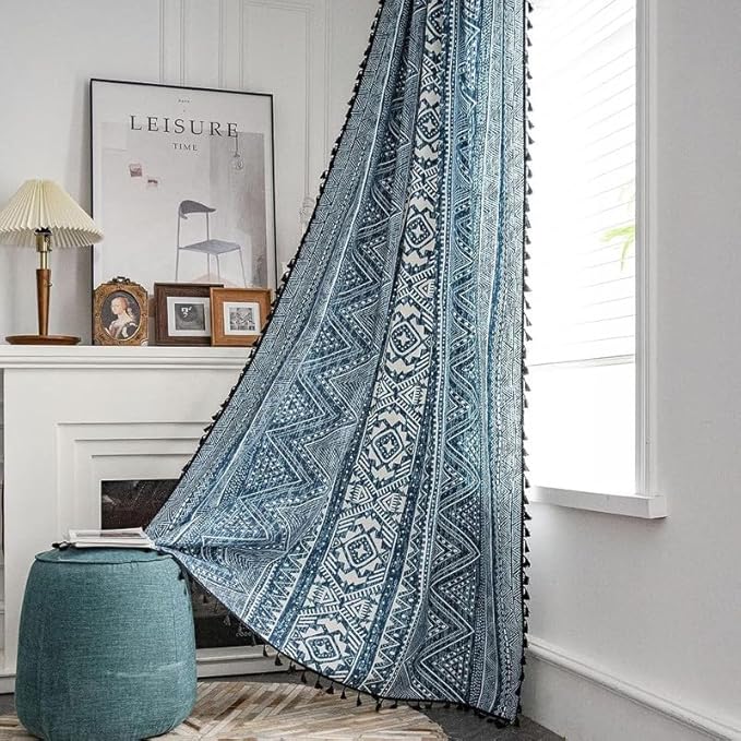 Huesland Cotton Curtains for Windows, 5 Feet Long 1 Bohemian Eyelet Curtain | Tribal Style Blue
