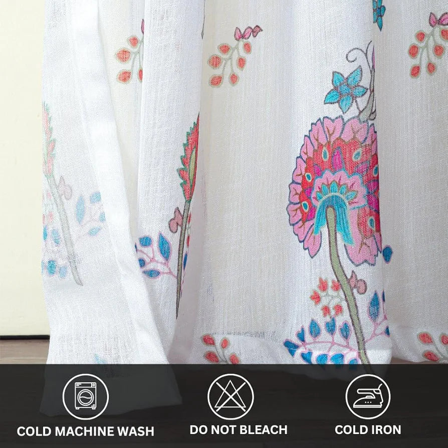 Homadorn Linen Sheer Printed Semi Transparent Curtains for Window Set of 2 Pink Flower