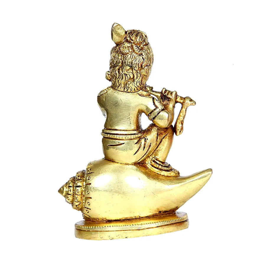 Anciently Shankh Balakrishna Idol Brass | Brass Shank Balakrishna Statue | Shank Krishna Sitting Statue 11.5cm Gold Colour - 