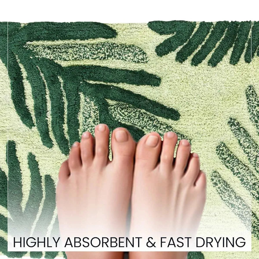 Sashaa World Cotton Leaf Patterned Bathmat Soft Absorbent & Cozy Colour Green