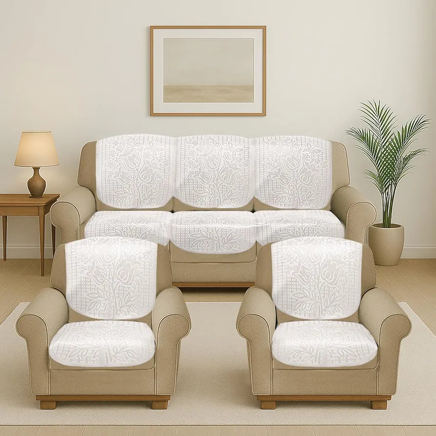 Cloth Fusion Italian Velvet Sofa Cover 5 Seater Set Perfect Floral Embossed Sofa Cover 3 Seater and 2 Seater Bone White