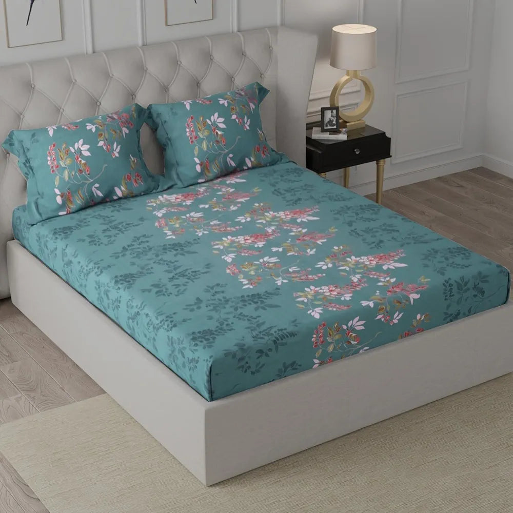 Cloth Fusion 186tc Glace Cotton Elastic Fitted Bedsheet for Double Bed King Size with 2 Pillow Covers Botanical Night