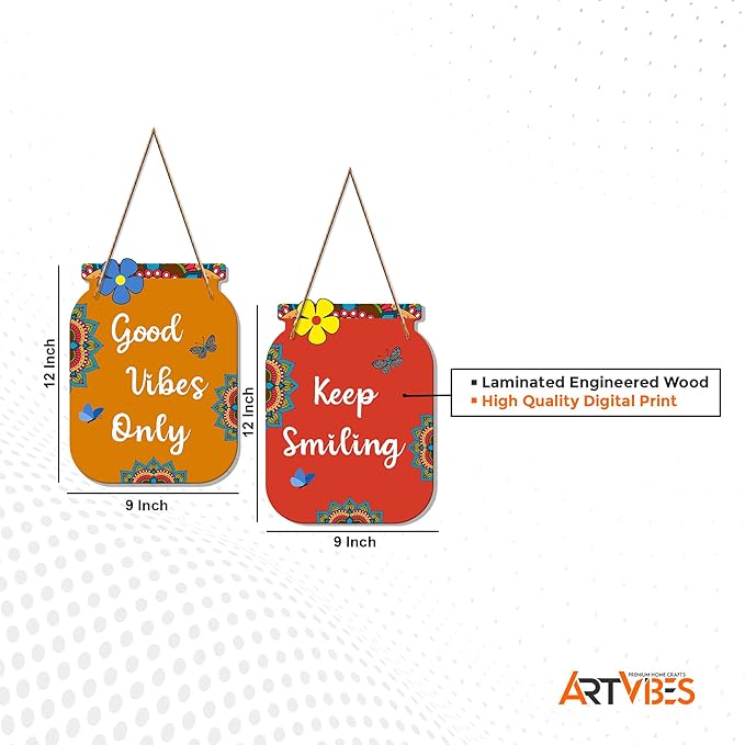Artvibes Good Vibes Only Quote Decorative Wall Art Mdf Wooden Wall Hanger for Living Room | Set of 2