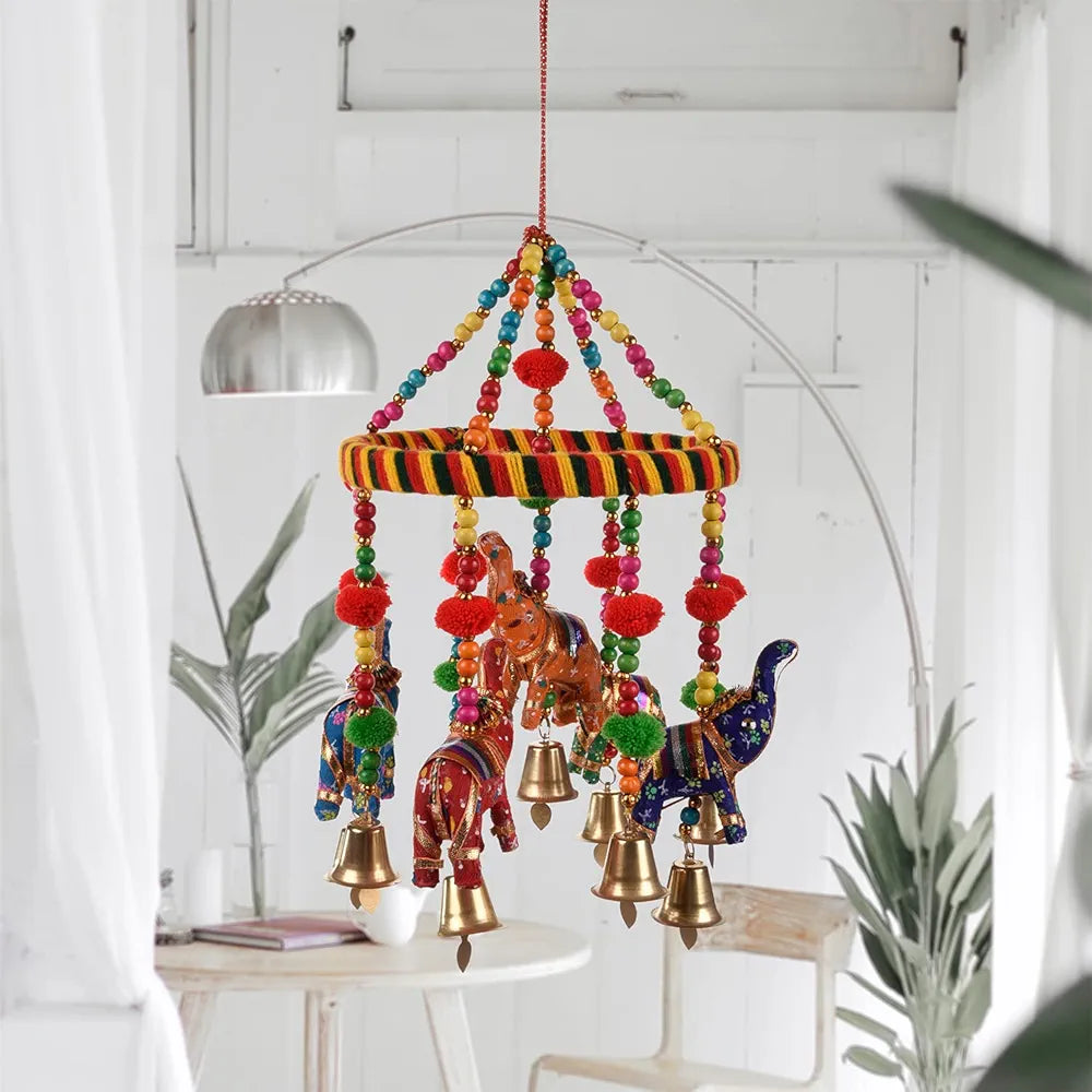 Kuber Industries Rajasthani Traditional Windchimes Hanging Ring Elephant with Bells