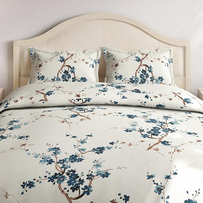 Haus & kinder Cotton Queen Size Bedsheet for Double Bed (90 X 100 Inches) with 2 Pillow Covers | 186 TC Bed Sheet Double Bed Floral Grace (Blue)