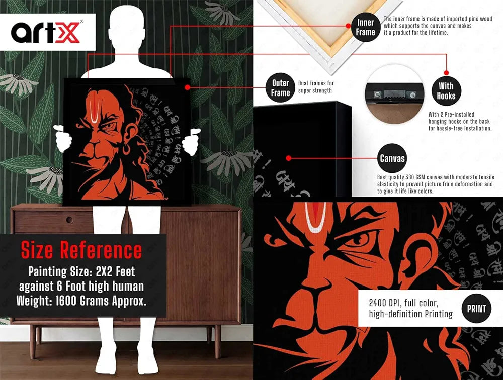 ArtX Hanuman Ji With Mantra Big Canvas Painting For Living Room With Frame Square