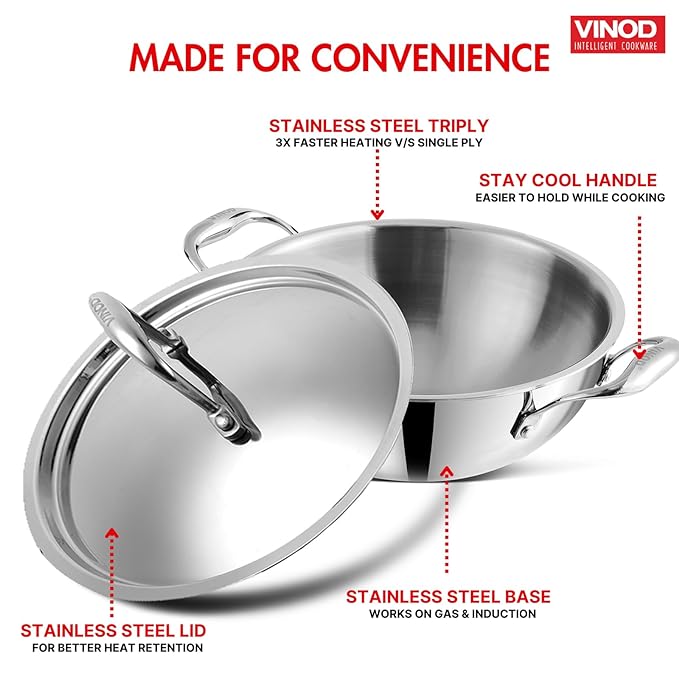 Vinod Platinum Triply Stainless Steel Extra Deep Kadai with Lid 3.7 Litre (26 cm Dia) | 2.5mm Thick | Stainless Steel Cookware