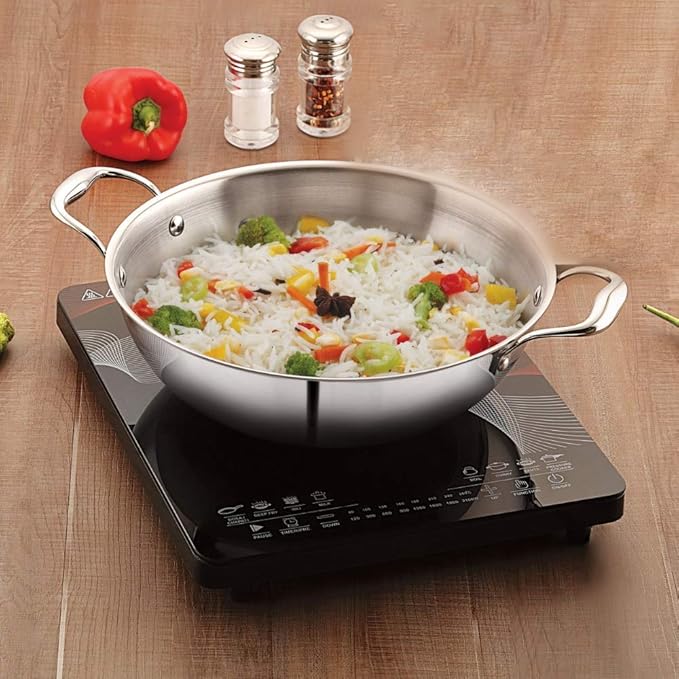 Femora Induction Safe, Stain Resistant, Zero Coating Stainless Steel Tri-ply Deep Frying Kadhai Pan | 26 Cm Capacity 3.2 Litres | Silver