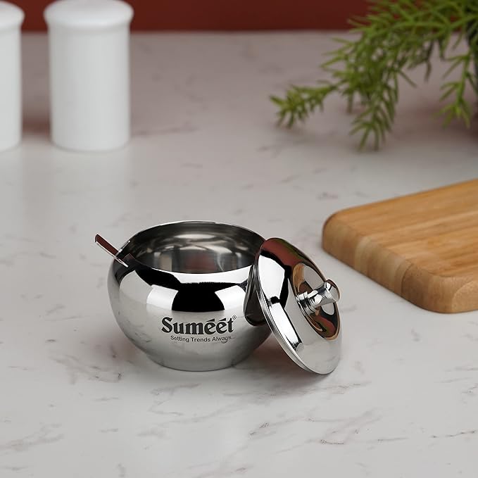 Sumeet Stainless Steel Ghee and Oil Pot with Spoon 7.5 cm Dia 170 ml Silver