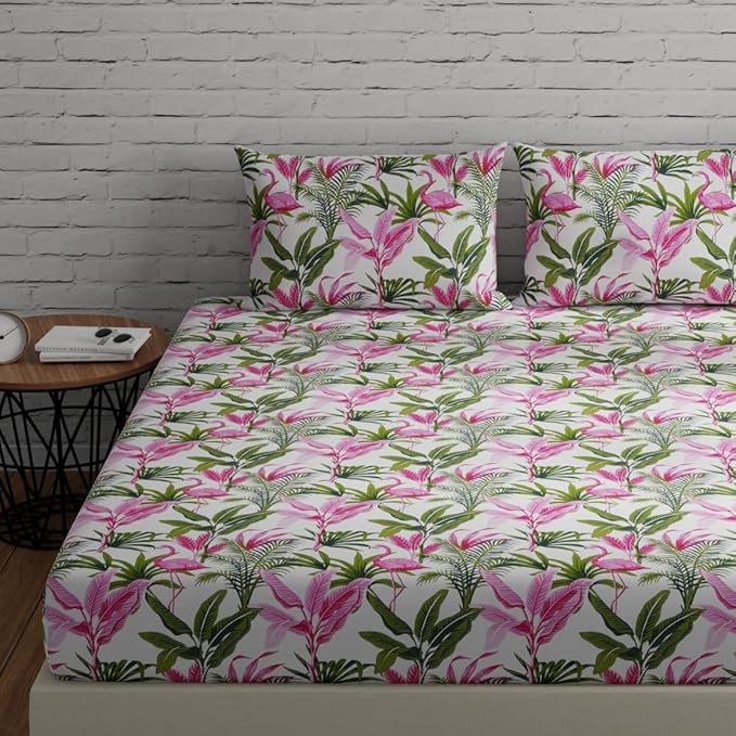 Huesland by Ahmedabad Cotton 144 TC Bedsheet for King Size Bed with 2 Pillow Covers | Flamingos Pink