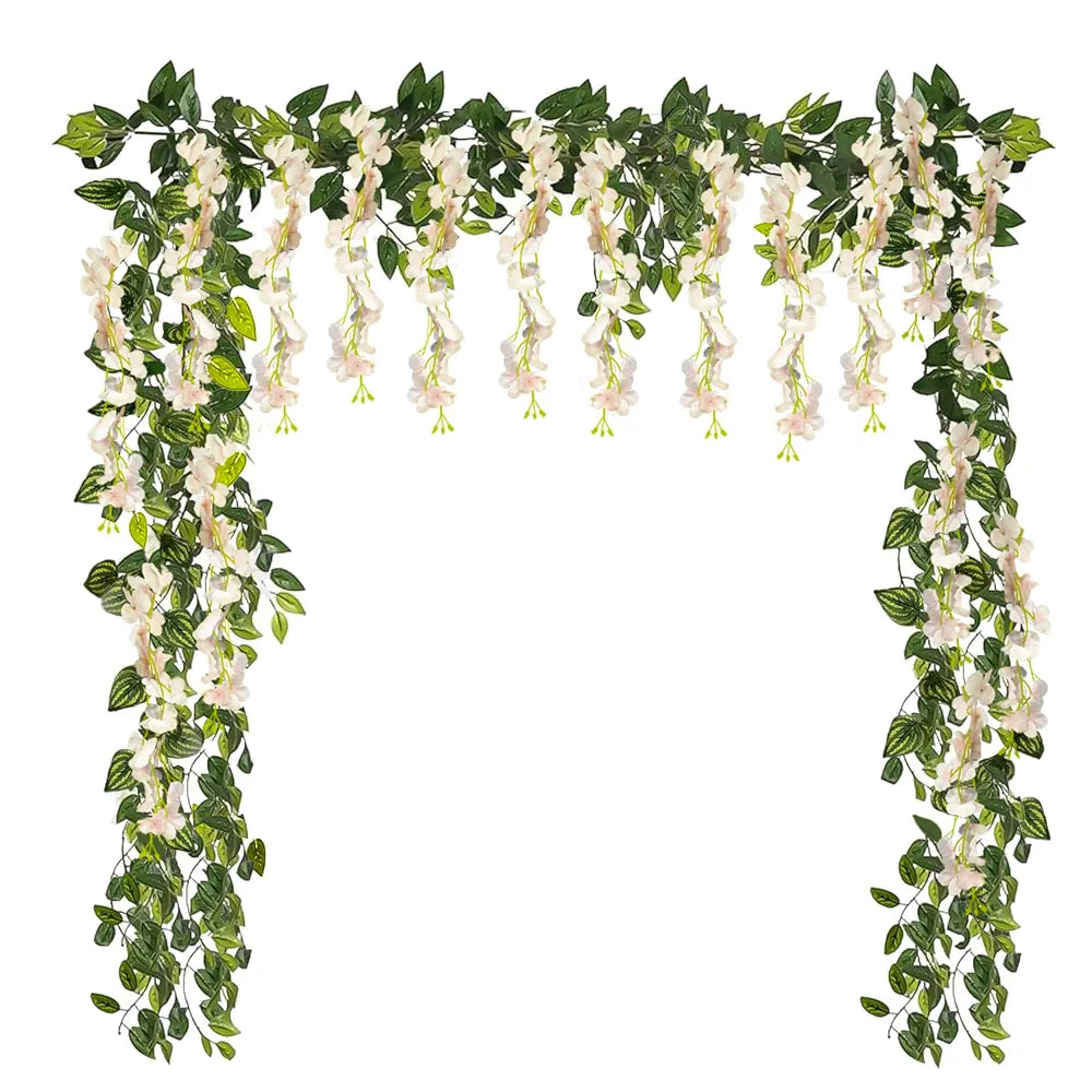 Ivory Wisteria Artificial Flowers for Decoration - 12Pc Money Plant Artificial Leaves- 2Pcs Diwali Decoration
