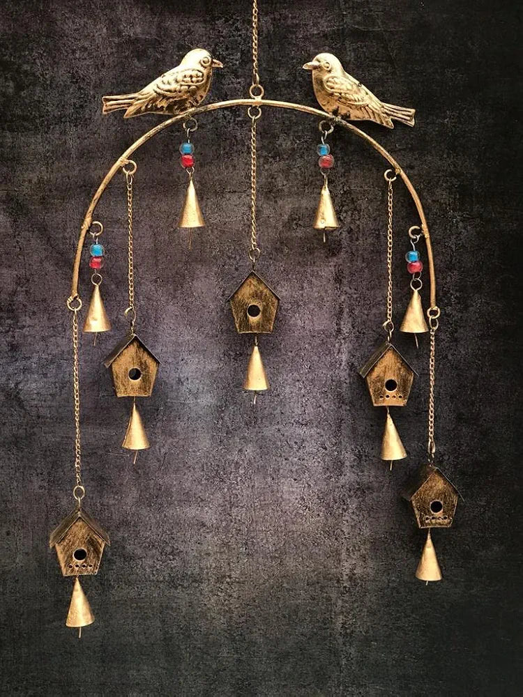Metal Windchime Wall Hanging Feng Shui Wall Decor Golden BirdHouse