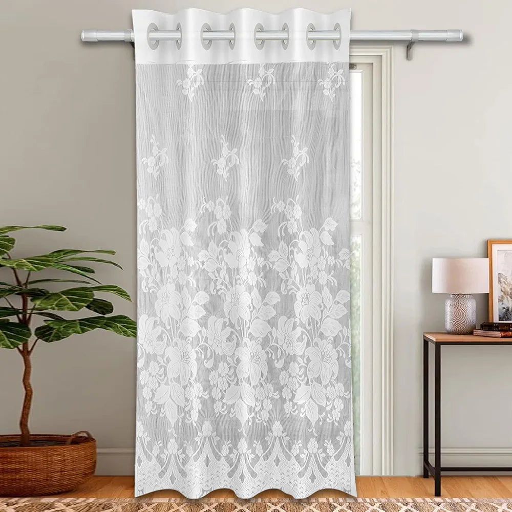 Kuber Industries Cotton Door Curtains with 8 Rings Net Frill Door Curtain SY27 White Colour